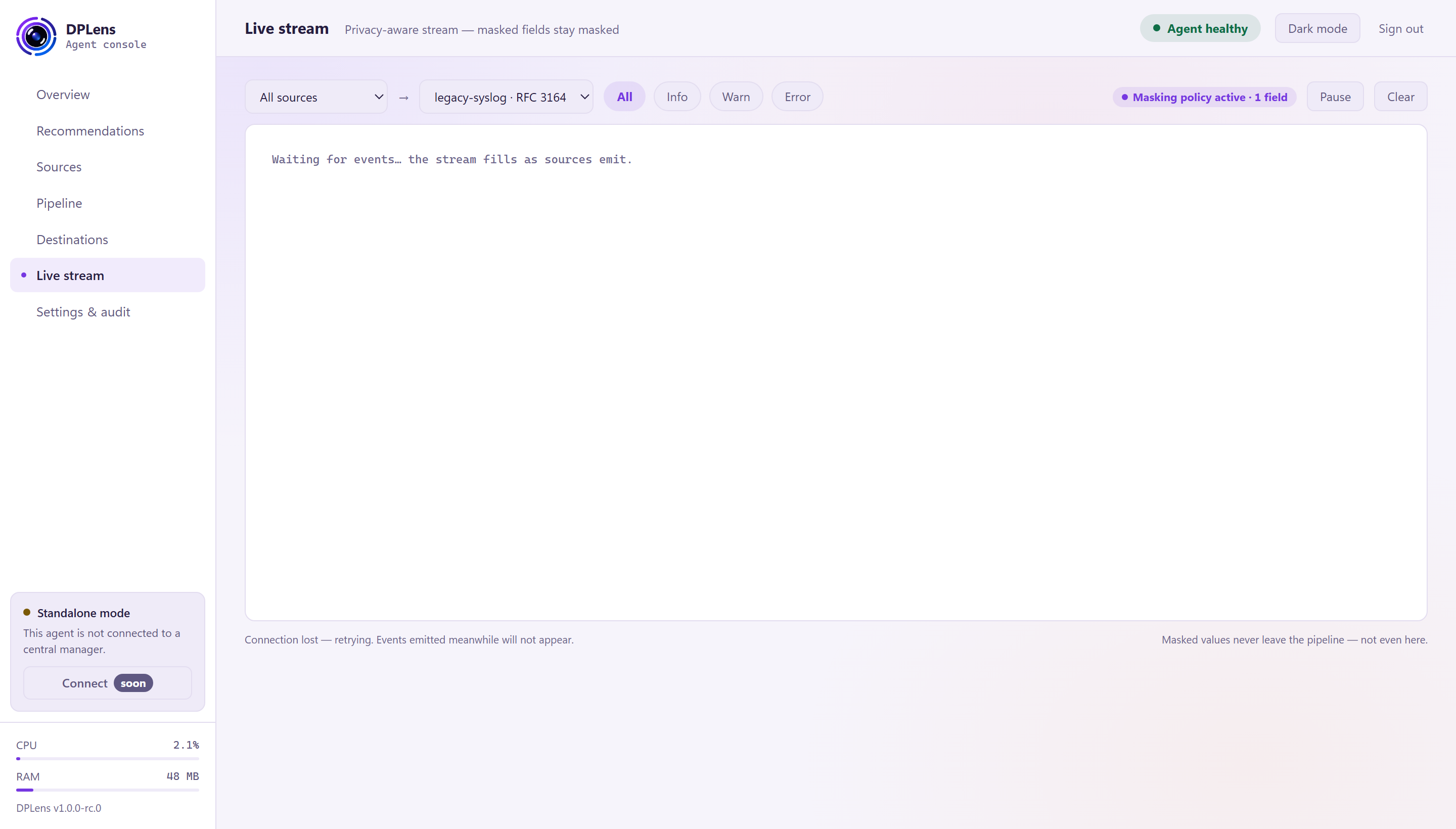 The Live stream page