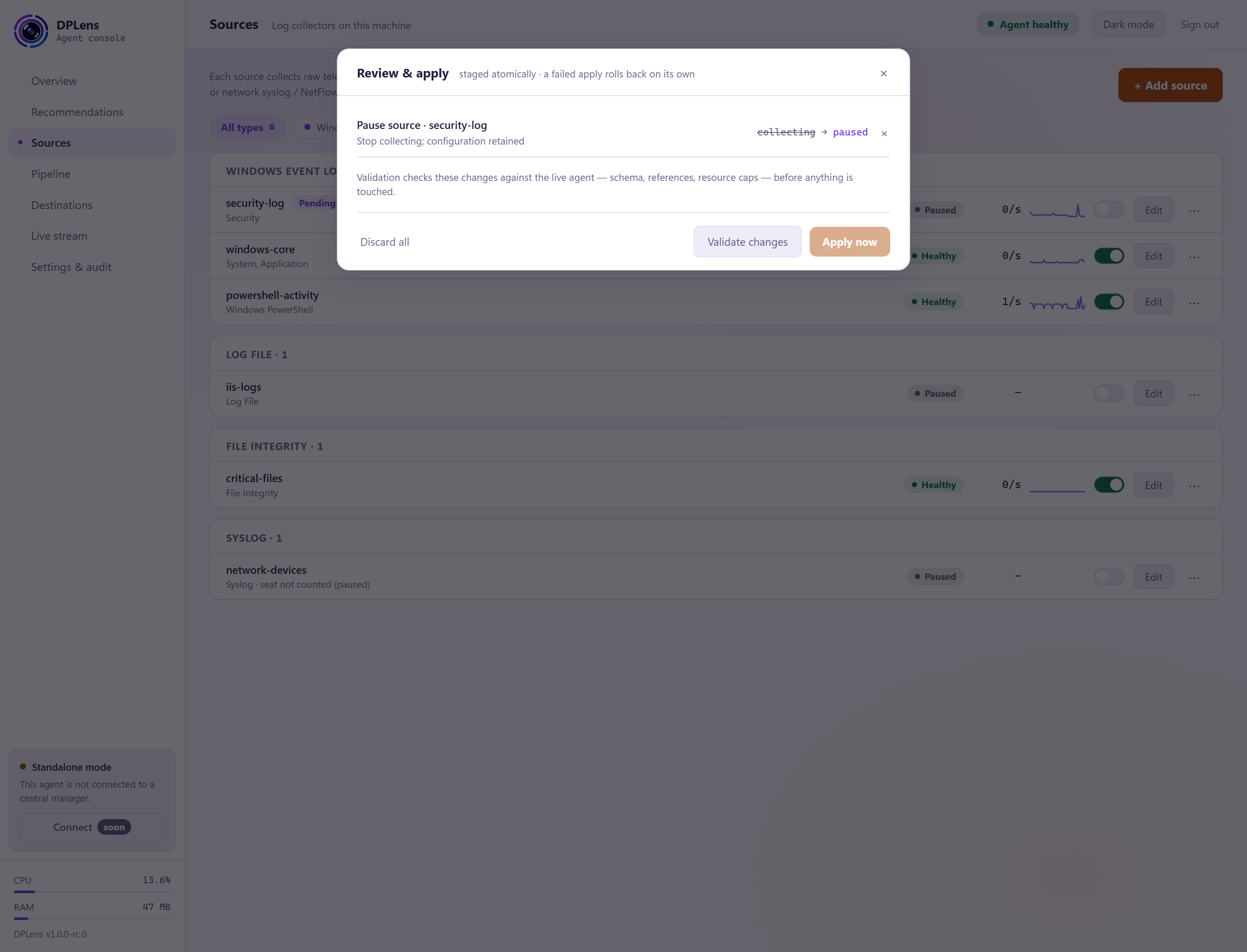 The pending changes indicator, with a summary of what will change