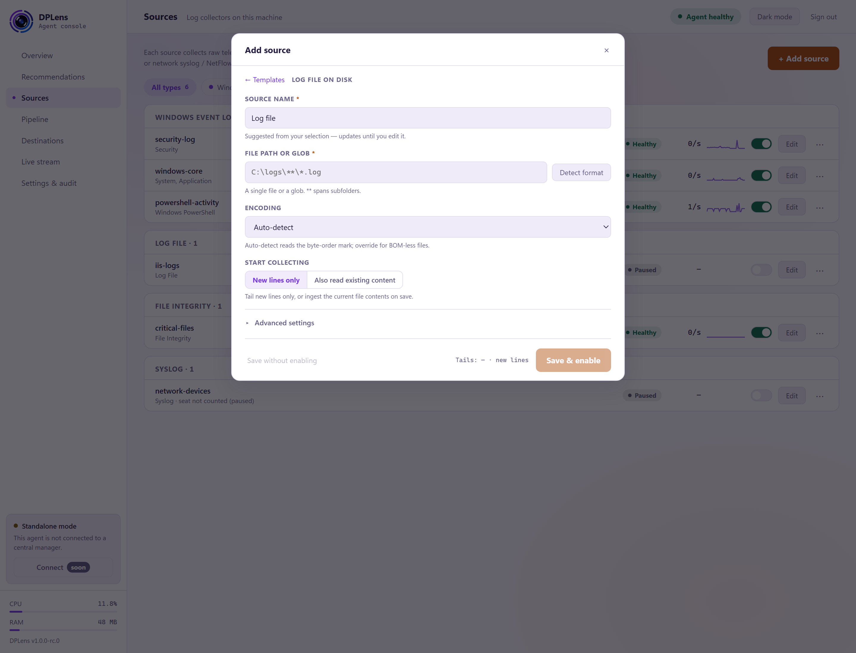The log-file source form