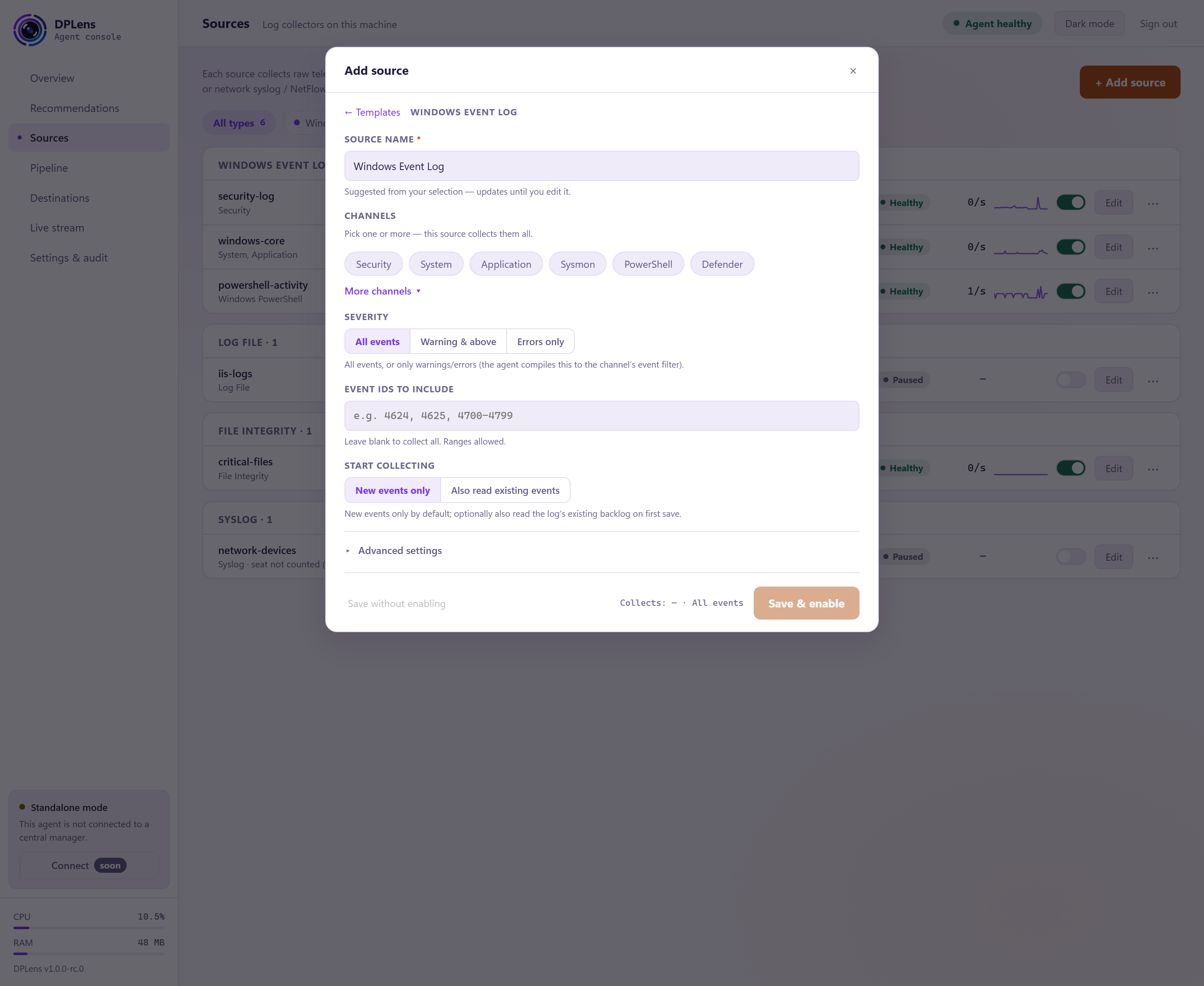 The Windows Event Log source form