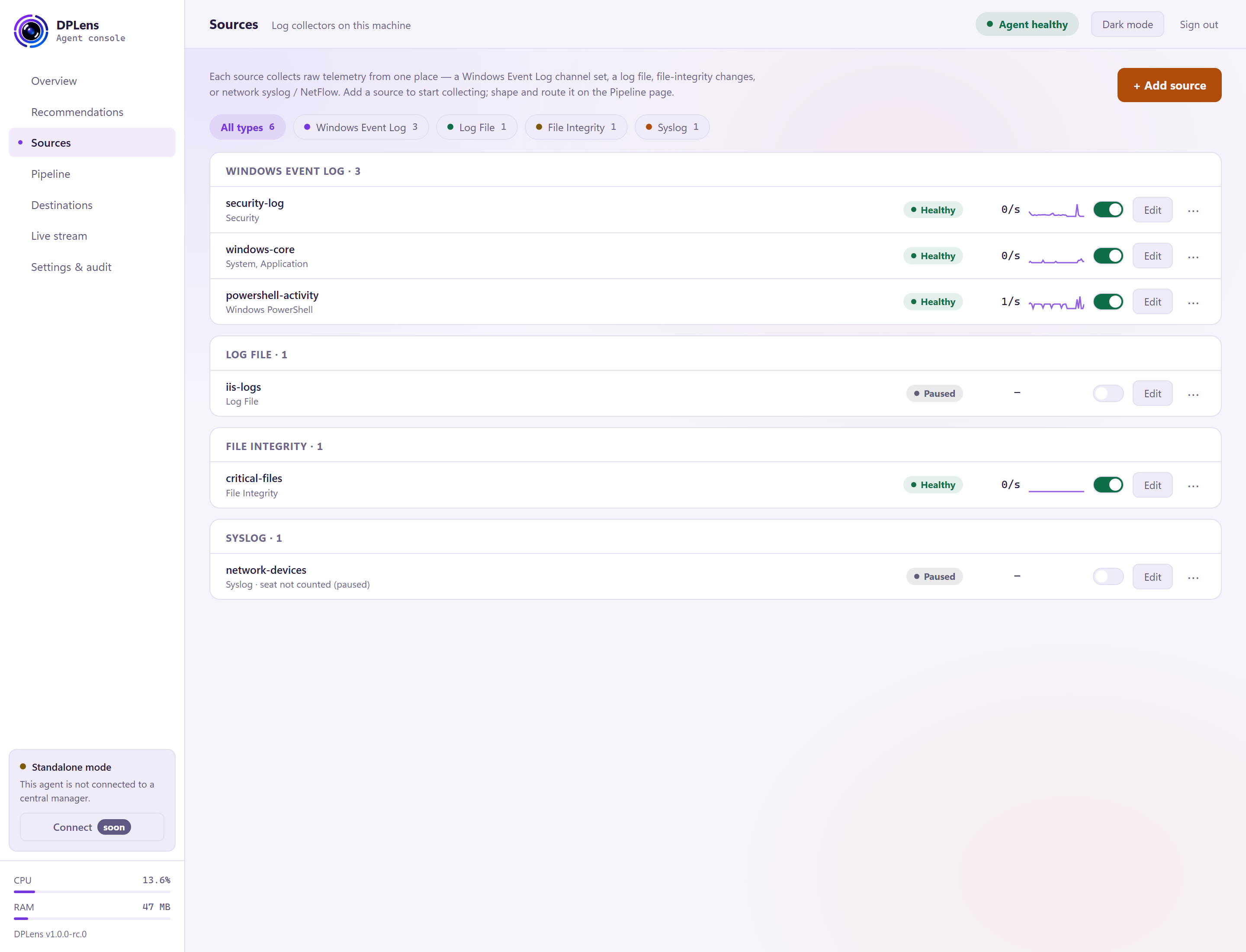 The Sources page