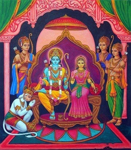 A vibrant traditional painting depicting four figures from hindu mythology seated and standing around an ornate throne, with a figure in white kneeling at the front, all against a backdrop of rich, decorative patterns and arches.