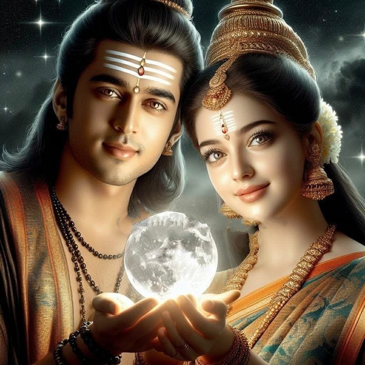 A mystical couple adorned in traditional indian attire, holding a glowing orb that resembles the moon, with a celestial backdrop of twinkling stars.