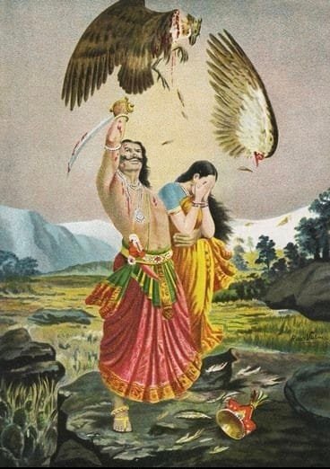 A traditional painting depicting a mythological scene with an anthropomorphic bird creature carrying a weapon and a woman in distress, set against a natural landscape backdrop with mountains in the distance.